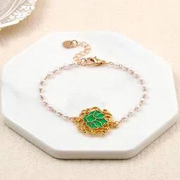 SALTY Set of 3 Lotus Pearls Beaded Wraparound Rakhis With Roli Chawal & Greeting Card image 5