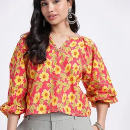 fusion by glitchez Floral Printed Embroidered detailed Puff Sleeve Top-image-2