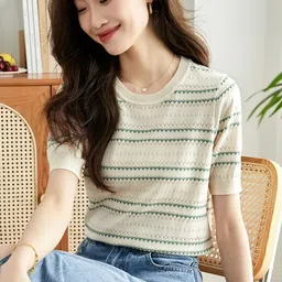 KPOP Women Round Neck Short Sleeves Horizontal Stripes Top-picture-29