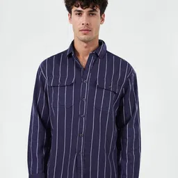 Celio Men Classic Spread Collar Vertical Striped Cotton Oversized Casual Shirt-image-37