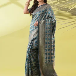 KALINI Turquoise Blue Silk Blend Woven Design Sarees-image-71