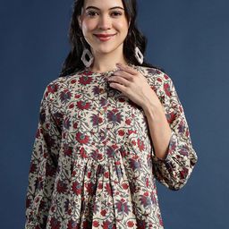 Taavi Women Floral Printed Pure Cotton Mandarin Collar A-Line Top-picture-22