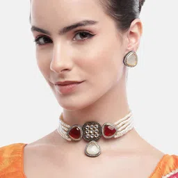 Anouk Women Maroon Stone Gold-Plated Chokar Set with Earrings image 1