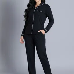 Zivame Women Lapel Collar Long Sleeves Pure Cotton Night suit-image-20