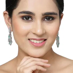 Gemron Jewel Rhodium-Plated American Diamond Studded Contemporary Drop Earrings image 3