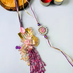 sangria Purple Floral Resin Lumba Rakhi Set for Bhaiya Bhabhi Traditional Handmade Set of 2 Rakhi and Lumba image 2