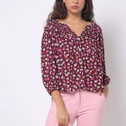 GAP Women Floral Printed V Neck Puff Sleeves Tops-picture-3