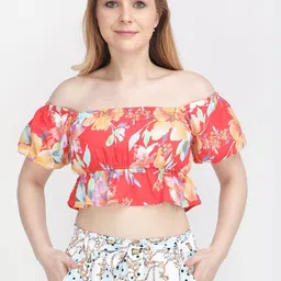 CORSICA Floral Print Off-Shoulder Puff Sleeve Georgette Crop Top-image-54