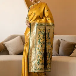 KALINI Yellow Silk Blend Woven Design Sarees image 5