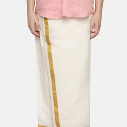 WHITE HEART Men Solid Pure Cotton Solid Dhoti With Gold Zari Border image 1