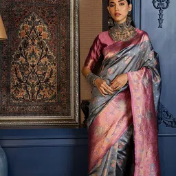 Sangria Women Floral Printed Woven Design ZariBanarasi Saree-picture-22