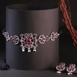 Sangria Silver Plated Stone-Studded & Pearl Beaded Jewellery Set-image-51