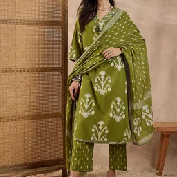 CHETI Floral Printed Regular Mirror Work Pure Cotton Kurta With Trousers & Dupatta-picture-15