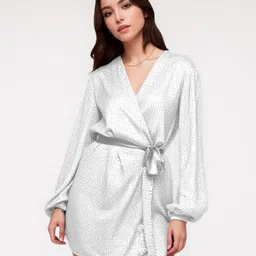 HERE&NOW Women Embellished Sequinned Wrap Mini Dress image 2