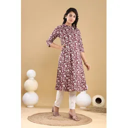 VASVI Floral Printed Mandarin Collar Kantha Work A-Line Kurta image 2