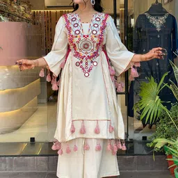 Brand Hill Women Ethnic Motifs Embroidered Mirror Work A-Line Kurta with Palazzo image 2