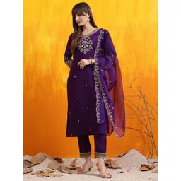 KALINI Floral Embroidered Chanderi Cotton V-Neck Straight Kurta With Trousers And Dupatta-picture-12