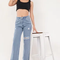 HIGH BUY Women Loose Wide Leg High-Rise Highly Distressed Acid Wash Jeans image 2