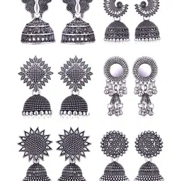 Sangria Set Of 6 Silver-Plated Dome Shaped Oxidized Jhumkas-picture-27