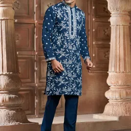 EKATVA ETHNIC Men Ethnic Motifs Embroidered Regular Thread Work Chanderi Cotton Kurta with Trousers image 5