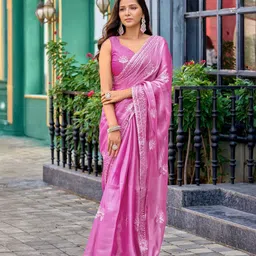 Mitera Floral Embroidered Sequinned Saree with Blouse Piece-picture-31