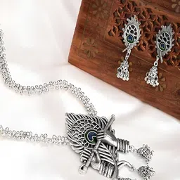 JMBW INTERNATIONAL Set Of 2 Silver-Plated Oxidised Beaded Kirshna & Ranihaar Jewellery Set-image-2