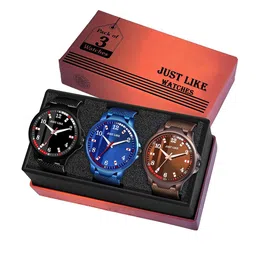 JUST LIKE Unisex Pack Of 3 Analogue Watches bk-blue-brown rubbes combo 1003-picture-15