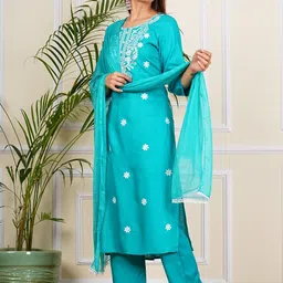 DEVIDINO Women Floral Embroidered Regular Thread Work Kurta with Trousers & With Dupatta image 4