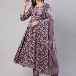 Mizaz Women Floral Printed Layered Pure Cotton Kurta with Trousers & With Dupatta-picture-26