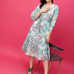 RANGRIWAZ Women Floral Print V-Neck Puff Sleeve Tie-Ups Fit & Flare Midi Dress image 4