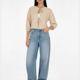 glitchez Textured Floral Print Tie-Up Neck Top image 5