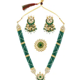 Zaveri Pearls Gold-Plated Green & White Kundan-Studded & Beaded Jewellery Set image 2