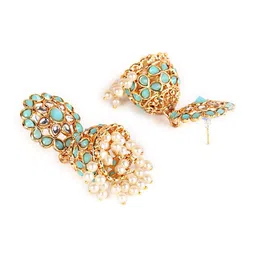 Jazz and Sizzle Sea Green & Cream Gold-Plated Dome Shaped Jhumkas Earrings image 2