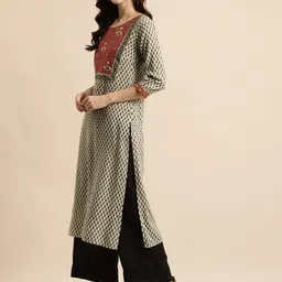 RANGMAYEE Women Cream-Coloured Ethnic Motifs Printed Thread Work Liva Kurta with a Mask image 4