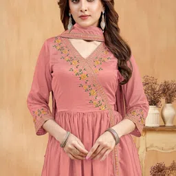 FABZOO Women Floral Embroidered Angrakha Thread Work Pure Silk Kurta with Palazzos & With Dupatta image 5