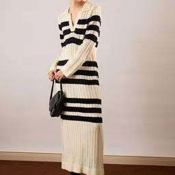 SASSAFRAS Striped Woollen Sheath Maxi Dress-picture-11