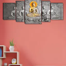 Myntra Elegant Homes Grey & Yellow 5 Pieces Wooden Buddha Painting Wall Arts-image-39