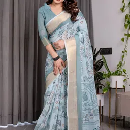 ALMAARI FASHION Floral Printed Pure Cotton Jamdani Saree With Blouse Piece image 2