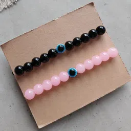 Rodya Unisex Set Of 2 Black & Pink Evil Eye Ceramic Artificial Beads Elasticated Bracelet-picture-12
