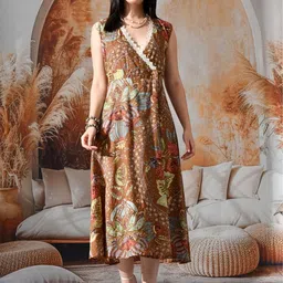 DECKEDUP Floral Printed Ruffled Sleeveless Wrap Cotton Midi Dress-image-94