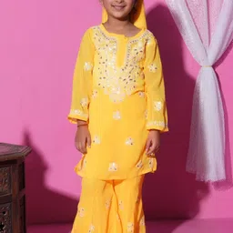 KHAKA Girls Floral Embroidered Kurta with Sharara & Dupatta-image-67