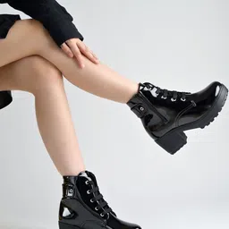 SZN Women Patent Leather Block-Heel High-Top Winter Boots-image-73