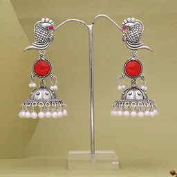 Anouk Silver plated Artificial Studded and Beaded Oxidised Contemporary Jhumkas image 4