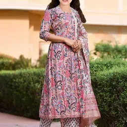 Vetrokart Girls Floral Printed Raw Silk Round Neck Anarkali Kurta With Trousers & Dupatta image 3