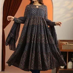 Libas Womens Blue Printed Cotton Anarkali Kurta With Trousers & Dupatta-picture-34