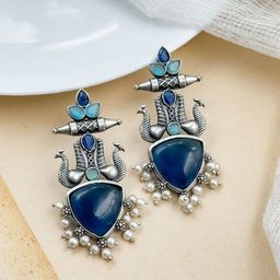 NAMAN ARTS Silver-Plated Artificial Stones Studded & Beaded Peacock Shaped Drop Earrings-picture-19