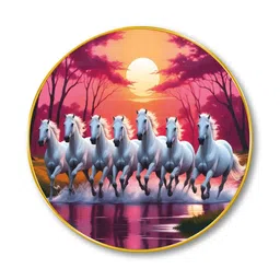 Livin'luxe Pink & White 7 Running Horses Wall Hallway Round Painting Wall Art 23" x 23" image 4