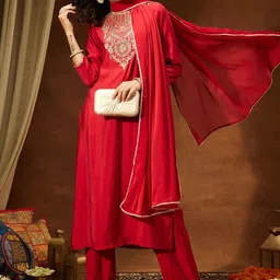 Janasya Women Floral Embroidered Regular Sequinned Chanderi Silk Kurta with Trousers & With Dupatta-picture-21