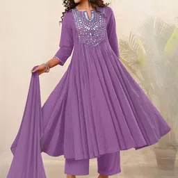 KALINI Women Ethnic Motifs Yoke Design Pleated Mirror Work Kurta with Trousers & Dupatta-image-62