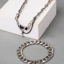 SALTY Set Of Bracelet & Necklace Rugged & Cuban Silver - Pendant Chain Jewellery Set-picture-24